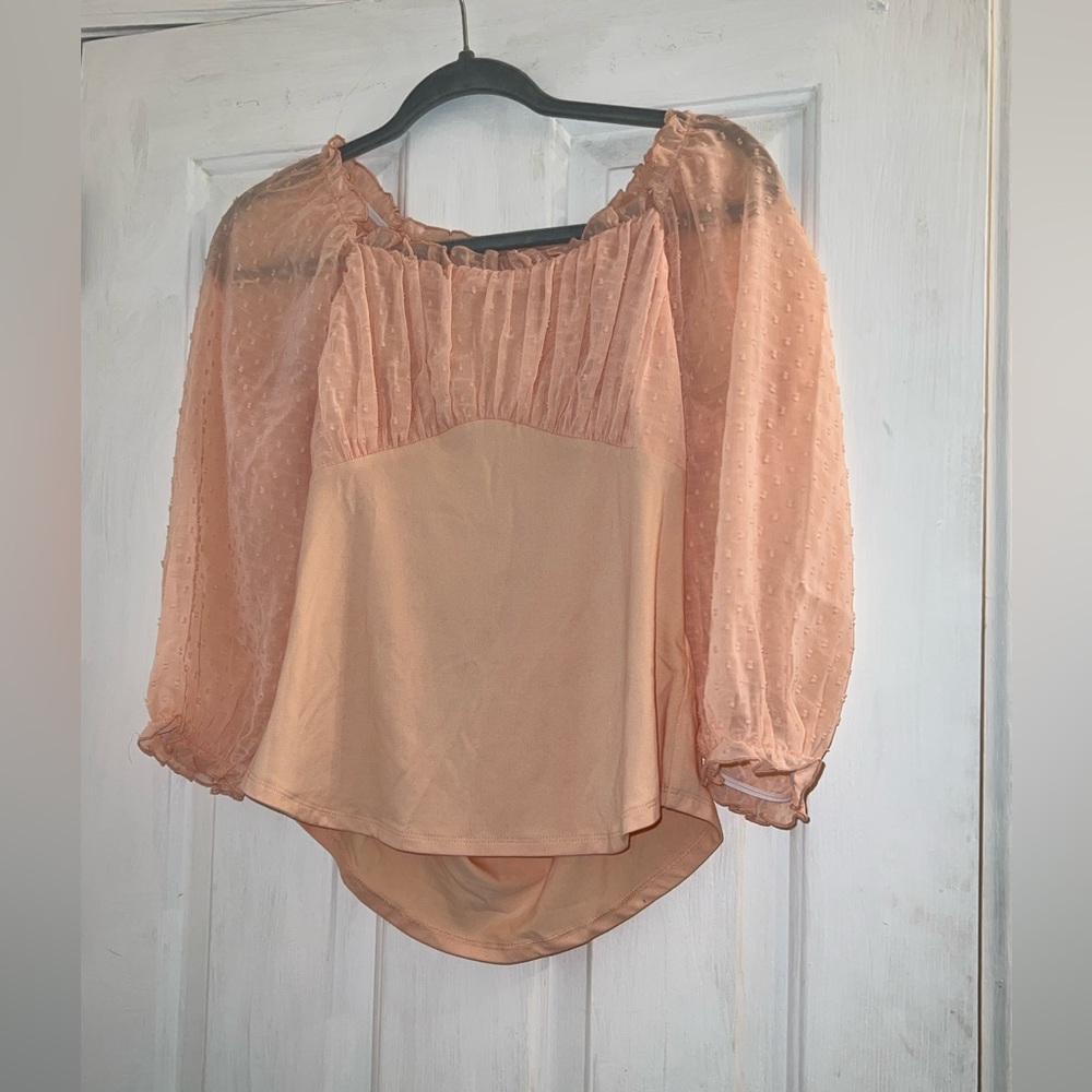 Size small pink peachy blush sheer frilly dot long sleeve blouse